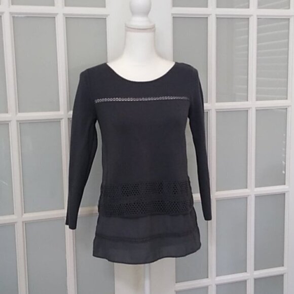 LOFT Gray Laser Cut Layered 3/4 Sleeve Cotton Sweater - Picture 2 of 11